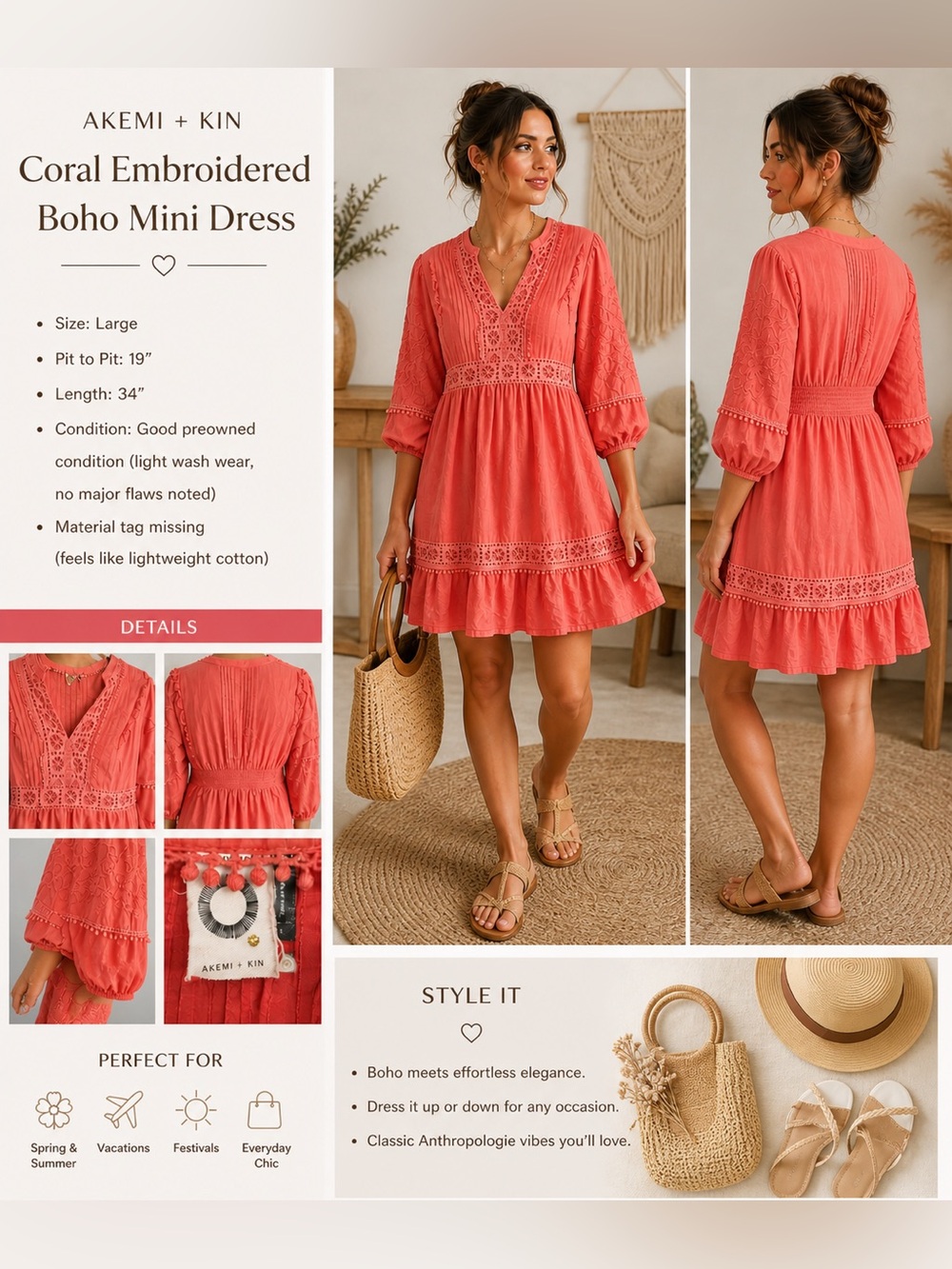 Akemi + Kin Coral Embroidered Boho Mini Dress Anthropologie Size L Cottagecore